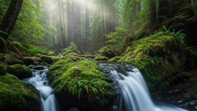 A tranquil forest stream cascades over mossy rocks bathed in ethereal sunlight a peaceful nature