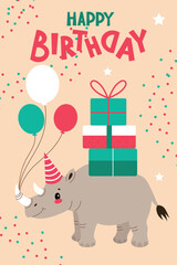 Kids birthday card,African animals,safari theme.A fun card with lettering and balloons.Cartoon vector illustration in a flat style