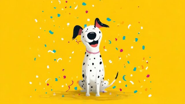 cute dog celebrates party surrounded by colorful confetti illustrated animation