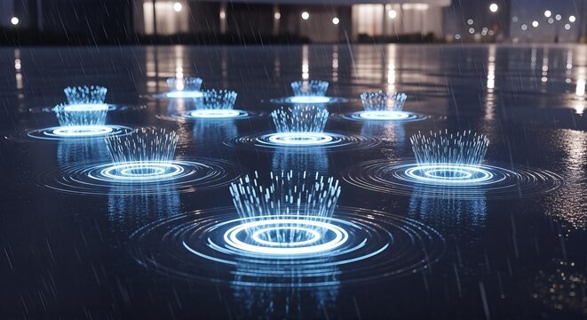 Futuristic Water Fountain Display with Glowing Blue Lights at Night.