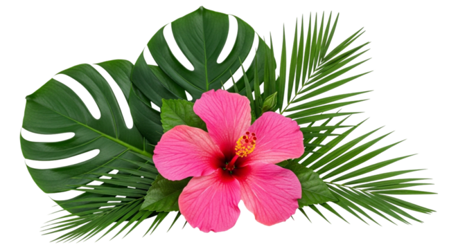 Pink hibiscus flower with green monstera and palm leaves isolated on transparent background - Powered by Adobe