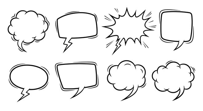 Hand-drawn speech bubbles of different shapes for use in conversations or comic strips
