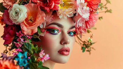 Colorful floral portrait of a woman with vibrant makeup and a stunning flower crown in a bright setting - Powered by Adobe