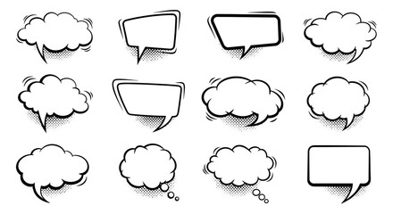 Variety of comic bubble vectors with halftone effect for dialog design and text placeholders