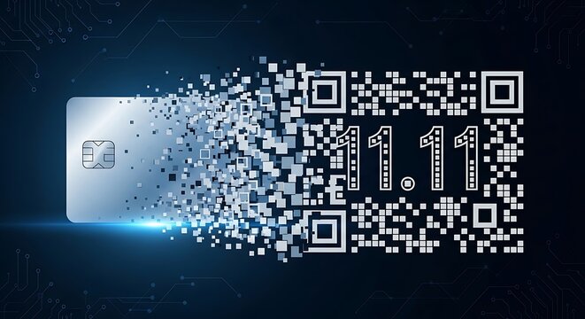 A digital credit card transforming into a qr code with the numbers eleven eleven on a dark blue background