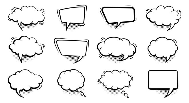 Variety of comic bubble vectors with halftone effect for dialog design and text placeholders