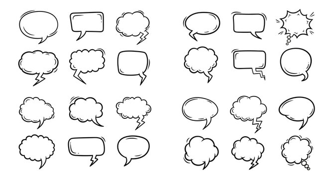Hand drawn speech bubbles collection for communication, vector isolated elements illustration