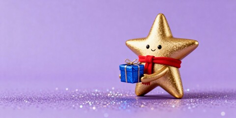 Golden 3D star character with red scarf and blue gift on lavender background in minimal Christmas scene