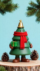 3D Christmas tree figure with red scarf and golden bell hat holding green gift on pastel blue background