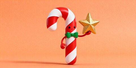 3D candy cane character with green bow tie and golden star on soft orange background for Christmas concept