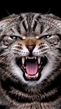 Angry striped tabby cat growls, showing its sharp teeth