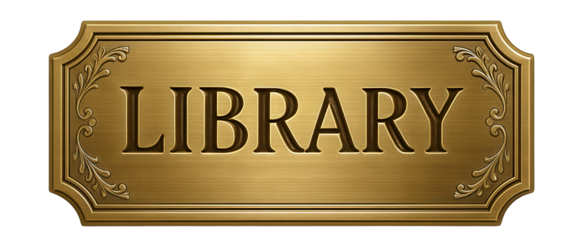 An engraved brass name sign adds elegance to a traditional home library.