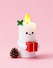 3D white Christmas candle toy with glowing yellow flame and holly crown holding red gift box on pastel pink