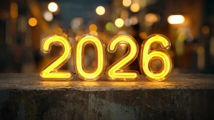 Glowing neon 2026 numbers on blurred cityscape background - Powered by Adobe