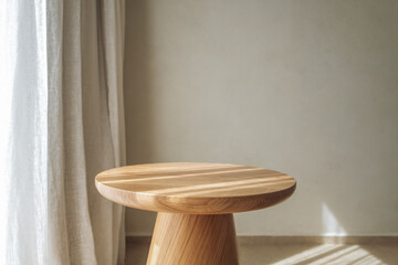 empty wooden table in minimalist interior. mockup with empty tabletop. warm tones. modern minimalist home decor. clean interior backdrop with