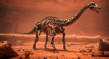Skeleton of a long necked dinosaur Diplodocus standing in a desert landscape with a red sky and logs around it