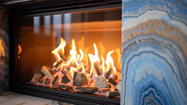 Modern Blue fireplace with sleek stylish design. Black metal chimney, stone base. Contemporary living room space gray walls. Minimalist ambiance. Interior of house. Gas hearth with burning fire flame