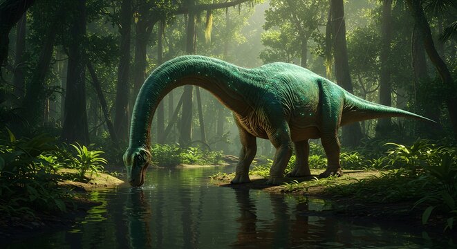 A green dinosaur Diplodocus drinking water from a river in a lush green forest with tall trees and dense foliage - Powered by Adobe