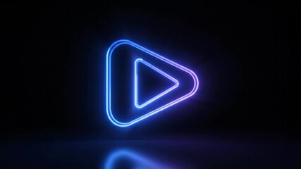 A glowing neon play symbol, blue gradient on dark background with reflection - Powered by Adobe