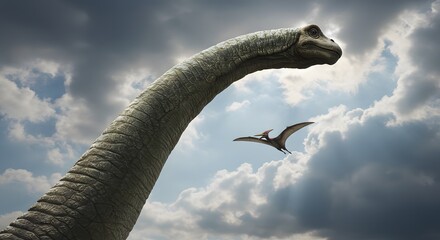 A long necked dinosaur Diplodocus and a pterodactyl flying in a cloudy sky on a bright day with sun shining through