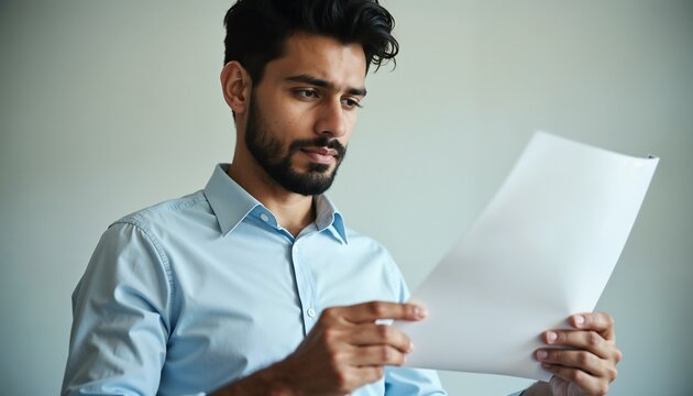 Young man with South Asian features reading printed report in calm professional workspace with daylight - Powered by Adobe
