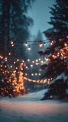 Vibrant photo of festive winter scene with snow falling and string lights in the forest