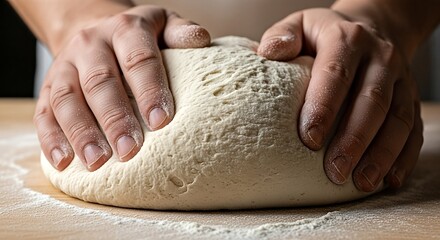 Hands kneading dough on a wooden surface, close-up shot.