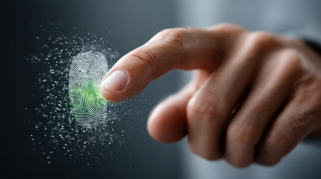 Finger touching digital fingerprint scanner, biometric authentication technology, security access, innovation, futuristic concept