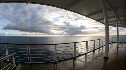 Ocean View Deck Metal Railing Cloudy Sky Panoramic