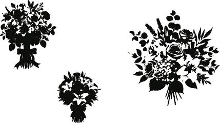 The image featuresfloral bouquets depicted in black silhouette against a stark white background, creating a striking contrast.