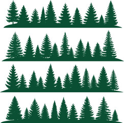 Obraz premium Isolated a kinds of deferent Forest silhouette trees Evergreen forest side view green shadow, for seamless border, architecture and landscape design drawing. vector art with white background