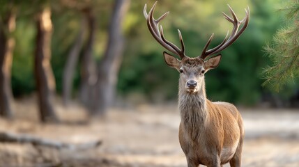 Naklejka premium Majestic deer standing in lush forest with prominent antlers natural wildlife scene showcasing outdoor nature forest animal in natural habitat