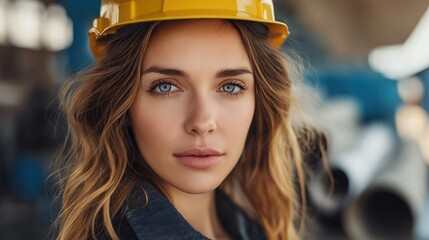 Professional woman construction worker wearing safety helmet in urban environment showcasing industry safety gear protection focus confidence and teamwork
