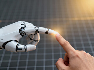 Human Hand Touching Robot Hand Highlighting Technology Interaction