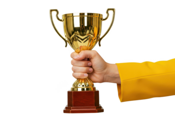 A golden trophy cup being held triumphantly in a woman hand wearing a yellow sleeve isolated on transparent background