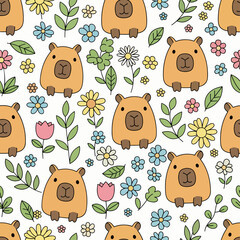 A whimsical seamless pattern featuring cute cartoon capybaras sitting happily among colorful, hand-drawn doodle flowers and leaves on a white background