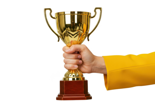 A golden trophy cup being held triumphantly in a woman hand wearing a yellow sleeve isolated on transparent background
