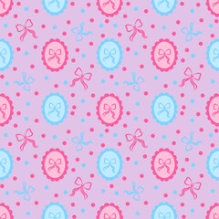 Seamless pattern of ribbons in frame and dots on purple background. Cute cartoon hand-drawn vector illustration. For textile printing, clothing, wallpaper, and wrapping paper.