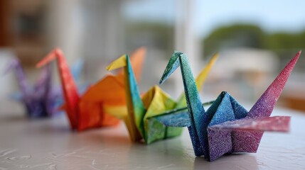 Origami cranes in rainbow colors, lined on textured surface, shallow focus