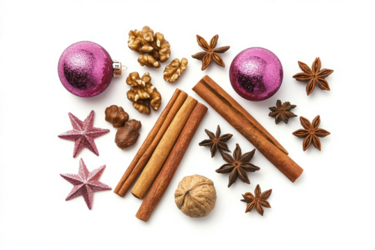 spectral cinnamon sticks, rose gold and purple christmas ornaments, walnuts and anise stars on a transparent  background, 