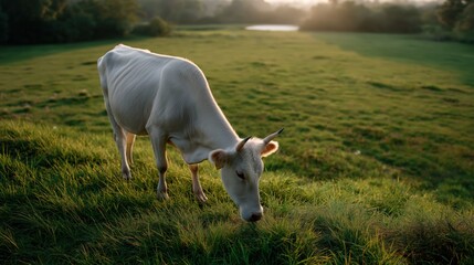 Serene rural landscape featuring a peaceful cow grazing in lush green pasture during golden hour showcasing rural farming livestock nature and scenic outdoor scenery