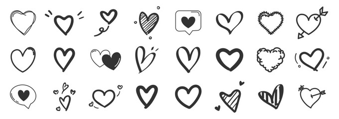Hand drawn heart icons set, love and romance doodles vector design on transparent background