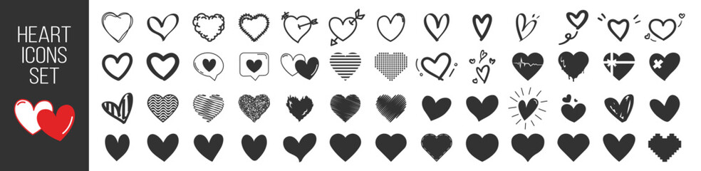 Heart icons set. Hand drawn hearts collection. Love and romance doodles vector illustration on transparent background