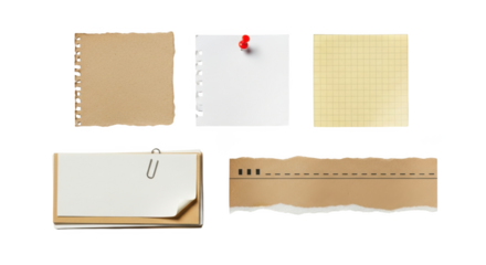Collection of various paper scraps, including lined, graph, and blank isolated on transparent background