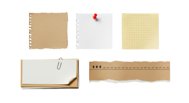 Collection of various paper scraps, including lined, graph, and blank isolated on transparent background