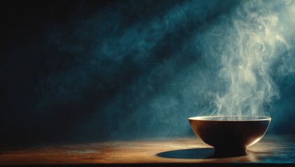 Vibrant photo of bowl of steaming liquid with rising vapor against a dark blue background