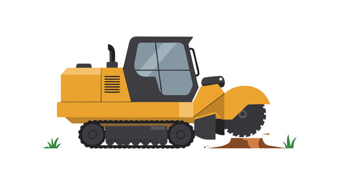Heavy duty yellow stump grinder machine removing tree stump.