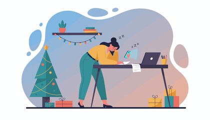 Burned out woman sleeps at her desk near a Christmas tree working late during the holiday season