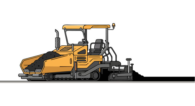 Yellow asphalt paver machine laying down a fresh layer of black asphalt on a road construction site.