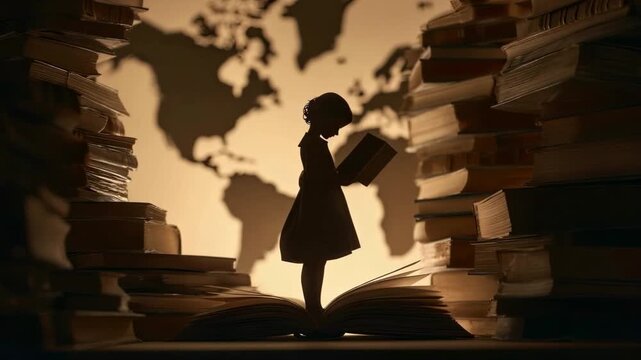 A silhouette of a girl reading standing on an open book framed by stacks of books with a world map in the background